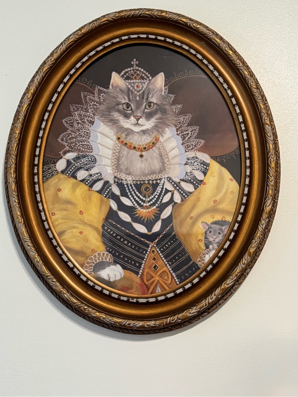 Regal Cat Portrait Framed Print Tabby Cat Yellow Dress likely artist Carol Lew